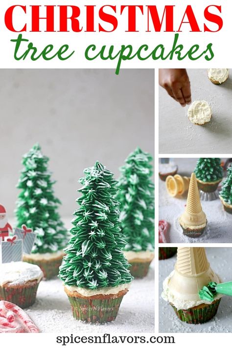 Christmas Tree Cupcakes - An easy diy AWESOME holiday cupcakes ideas that look like snow-covered Christmas trees! Instead of making pull apart cake try these christmas cupcakes made using ice-cream cone and simple buttercream frosting that would make your holiday baking so fun!! Find other ways of making a tree using peanut butter cups, fondant, white royal icing, krispie treats, chocolate and pretzel tree in the post. #christmas #cupcakes #holidaybaking #holidays #diy Decorating Ice Cream Cones For Christmas, Buttercream Trees, Frosting Trees, Ice Cream Cone Trees, Christmas Tree Cupcake Cake, Beginners Baking, Tree Cupcakes, Cupcakes Christmas, Snow Covered Christmas Trees