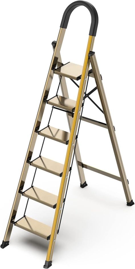 GameGem 6 Step Ladder, Aluminum Folding Step Stool with Anti-Slip Sturdy and Wide Pedal, Portable Lightweight Stepladder with Convenient Handgrip for Home, Office, Kitchen Use Light Gold, 330 lbs - Amazon.com Folding Step Stool, Aluminium Ladder, Home Office Kitchen, Ladder Shelf, Step Ladder, Office Kitchen, Folded Up, High Ceiling, Step Stool