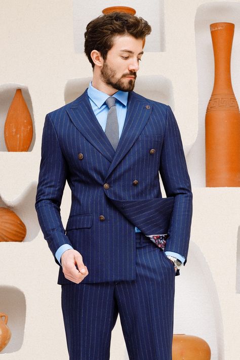 Get the dapper look with our blue-striped double-breasted suit 2-piece, featuring a 6-button blazer with peak lapels and matching trousers. A must-have for any stylish gentleman #bluesuit #doublebreasted #stripedsuit #formalwear #mensfashion #suitup #gentlemansstyle #elevateyourlook #wardrobestaple #menswear Double Breasted Blazer Men, Suit Styles, Double Breasted Tuxedo, Suit Stores, Slim Fit Suit Men, Classy Suits, Slim Fit Tuxedo, Dapper Gentleman, Wedding Vision