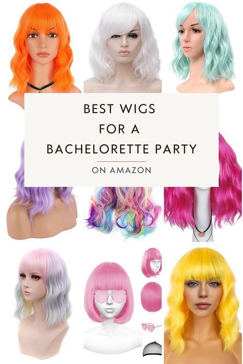 Fun Wigs For Bachelorette, Bachelorette Party Wig Night Outfits, Bachelorette Color Theme Outfits With Wigs, Wig Out Bachelorette Party, Neon Wigs Bachelorette, Wiggin Out Bachelorette Party, Bach Party Wigs, Wigs For Bachelorette Party, Color Night Bachelorette Party