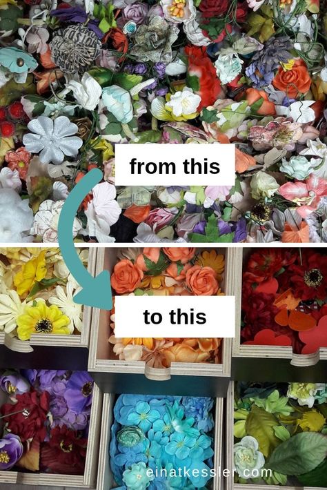 Craft Floral Storage, How To Organize Flowers In Craft Room, Organize Flowers In Craft Room, Storage For Fake Flowers, How To Store Fake Flowers In Craft Room, How To Store Flowers In Craft Room, Wreath Craft Room Organization, Floral Craft Room Organization, Floral Storage Ideas Craft Rooms