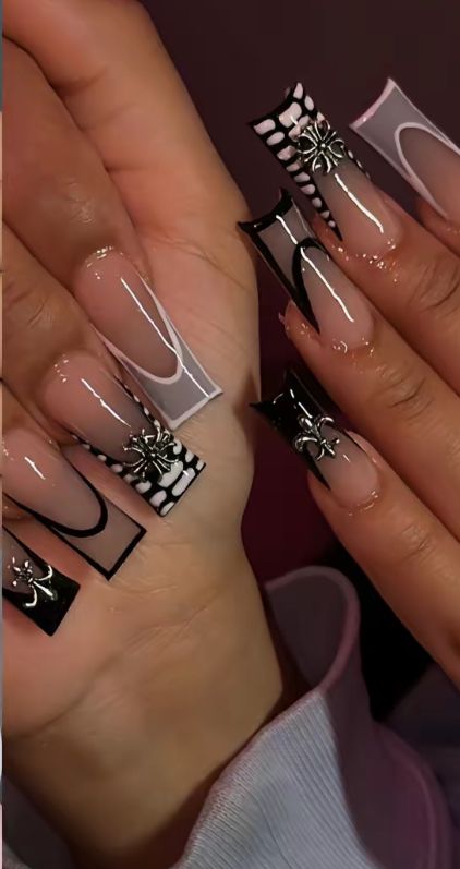 Black N White Nails, Bougie Nails, Md Nails, Natural Nail Designs, Long Acrylic Nail Designs, Hard Nails, Ombre Acrylic Nails, Girly Acrylic Nails, French Tip Acrylic Nails