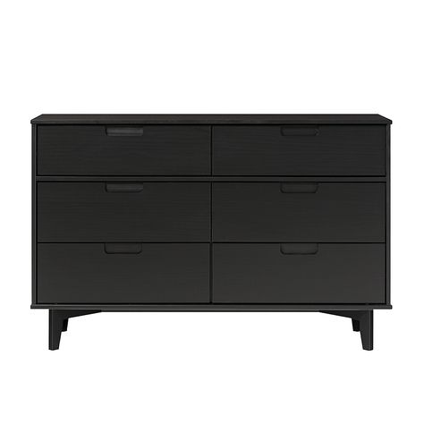 Sustainable, stylish, and storage savvy, this solid wood dresser is just what your bedroom needs. Six drawers on smooth wood runners offer all the closed storage your wardrobe needs, while its painted-black finish will complement any other bedroom furniture. Whether it’s housing your workout clothes and PJs in the bedroom, or everyday essentials in the living room, this storage chest will look right at home anywhere, whether your style is modern, boho, or coastal. Wood 6 Drawer Dresser, Transitional Mid Century Modern, Dresser Black, Black Dresser, Black Dressers, Solid Wood Dresser, Mid Century Dresser, Sleek Storage, Bedroom Setup