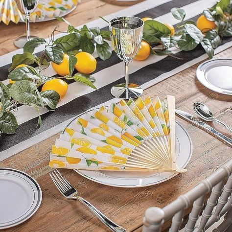 Amazon.com: Fun Express Bulk 48 Pieces Lemon Printed Folding Hand Fans : Home & Kitchen Wedding Handouts, Head Table Centerpieces, Lemon Garland, Ceremony Arches, Lemon Uses, Folded Hands, Folding Hand Fan, Fabric Journals, Hand Fans