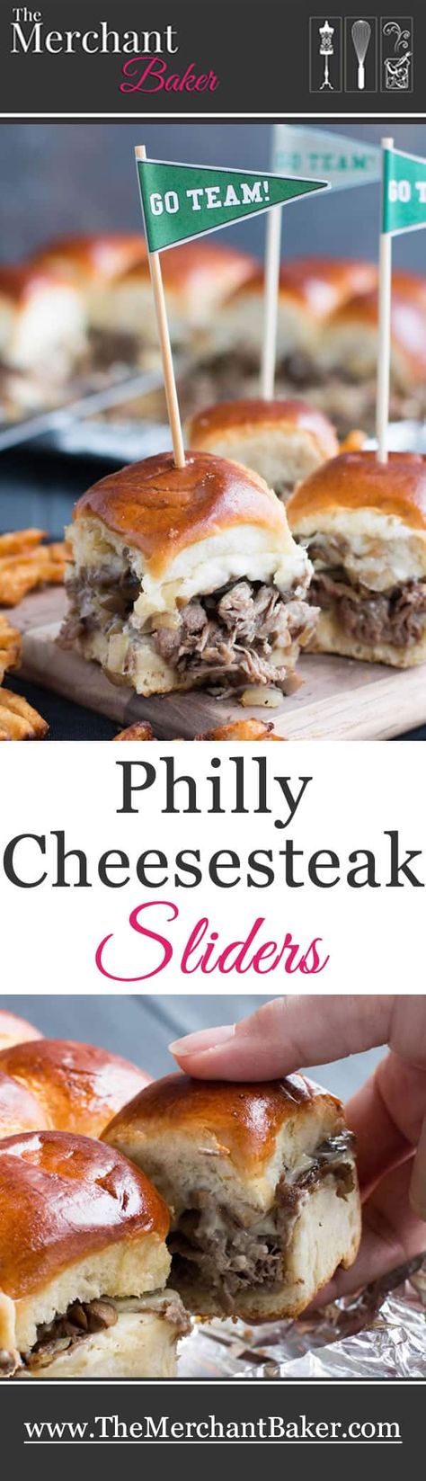 Philly Cheesesteak Sliders. Tender shaved steak, fried onions and mushrooms, melty cheese and a buttery toasted bun make these sliders a delicious choice for game day. Free printable pennants make them fun! #sliders #cheesesteak #gameday #appetizers #snacks Talegate Food, Sliders Superbowl, Sandwich Sliders, Gameday Appetizers, Philadelphia Cheesesteak, Philly Cheesesteak Sliders, Shaved Steak, Track Food, Cheesesteak Sliders