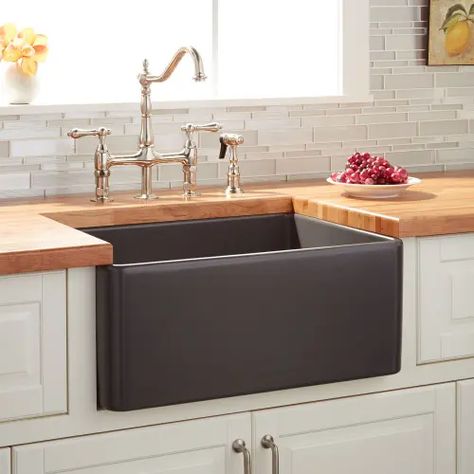 Farmhouse Sinks, Apron Front Sinks | Signature Hardware Kitchen Sink Upgrade, Black Farmhouse Sink, Dark Grey Kitchen, Fireclay Farmhouse Sink, Black Farmhouse, American Kitchen, Farmhouse Sink Kitchen, Single Basin, Grey Kitchen