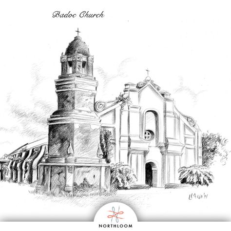 Drawing of Northloom's founder of his hometown church in Badoc, Ilocos Norte Badoc Ilocos Norte, Old Church Drawing, Vigan Philippines, Church Drawing, Philippine Architecture, Church Design Architecture, Ilocos Norte, Charcoal Paint, Life Sketch