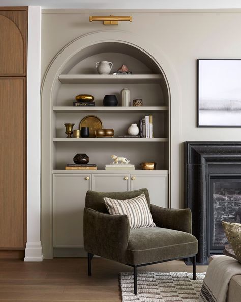 Traditional Design through a Modern Lens in Toronto  | Rue Arched Built Ins, Fireplace Built Ins, Traditional Fireplace, Home Decor Crate, Traditional Living, Traditional Living Room, Family Room Design, Room Remodeling, Fireplace Design