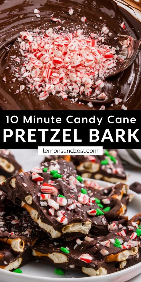 This Peppermint Dark Chocolate Pretzel Bark is full of rich dark chocolate, salty pretzels and pieces of candy cane. This simple treat is a holiday crowd pleaser! Candy Cane Lush Dessert, Recipes With Pretzel Sticks, Christmas Pretzel Bark, Almond Bark Pretzels, Holiday Pretzel Treats, Peppermint Pretzel Bark, Chocolate Pretzel Bark, Candy Cane Bark, Pretzel Bark Recipes