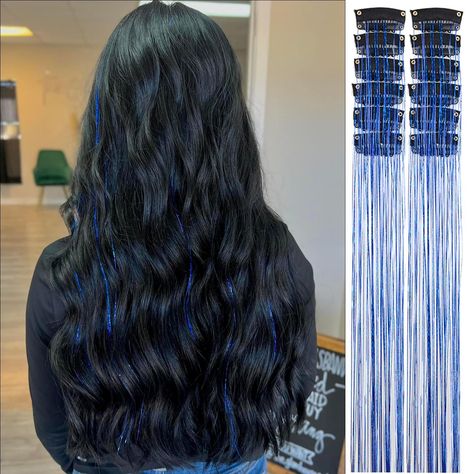 Glamorous Glitter Hair Ideas for a Sparkling Look Blue Tinsel In Brown Hair, Black Hair With Blue Tinsel, Cute Hair Tinsel Ideas, Hair Tinsel Brunette Curly, Hair With Glitter Extensions, Hair Extension Color Ideas, Blue Tinsel Hair, Black Hair With Tinsel, Tinsel Hair Extensions