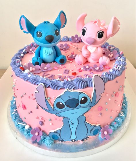 Stitch And Angel Cakes Ideas, Lilo And Angel Cake, Stitch And Angel Cake Ideas, Stitch Birthday Cake For Girl, Pink Stitch Cake, Stitch And Angel Birthday Cake, Cake Decor Easy, 3 Ingredient Dog Cake, Spongebob Treats