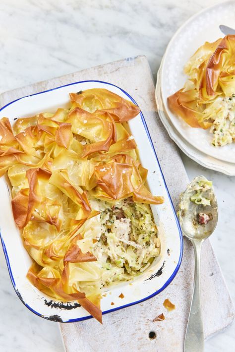 Chicken, Leek, and Bacon Filo Pie - Maldon Salt Filo Chicken Pie, Chicken Bacon And Leek Pie, Chicken Leek And Bacon Pie, Chicken And Bacon Pie, Chicken Filo Pie, Leek Pie Recipes, Chicken Leek Pie, Farm Meals, Roast Chicken Seasoning