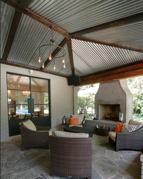 Corrugated Metal Patio Cover, Narrow Backyard, Rustic Headboard Diy, Patio Covering, House Interior Design Living Room, Outdoor Pub, Patio Upgrade, Fireplace Patio, Covered Outdoor Kitchens