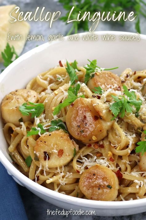 Scallop Linguine is an incredibly easy and fast pasta dish that brings together seared scallops and perfectly cooked linguine in a lemon garlic white wine sauce. This dish is elevated with the unique brininess of capers and anchovy fillets making it a delicious seafood pasta experience that is both elegant and comforting. #ScallopLinguineRecipes #ScallopLinguine #ScallopLinguinePasta #ScallopDinnerIdea #ScallopPasta #ScallopPastaRecipe #EasyScallopPastaRecipe Scallop Linguine, Fast Pasta, Lemon Pesto Pasta, Scallop Recipes Pasta, Sauteed Scallops, Garlic White Wine Sauce, Anchovy Pasta, Scallop Pasta, Scampi Pasta