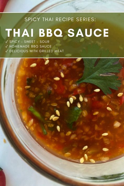 Spicy Thai BBQ sauce in a glass cup with a pluck of coriander on top. Thai Bbq Sauce, Thai Dipping Sauce Recipes, Thai Appetizers, Asian Bar, Thai Bbq, Thai Dipping Sauce, Thai Appetizer, Wasabi Sauce, Asian Sauces