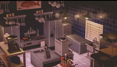 Acnh Cafe Gallery Design, Animal Crossing Restaurant Kitchen, Acnh Restaurant Kitchen, Loft Kitchen, Animal Crossing Wild World, Animal Crossing Pocket Camp, Restaurant Kitchen, Loft Apartment, New Animal Crossing