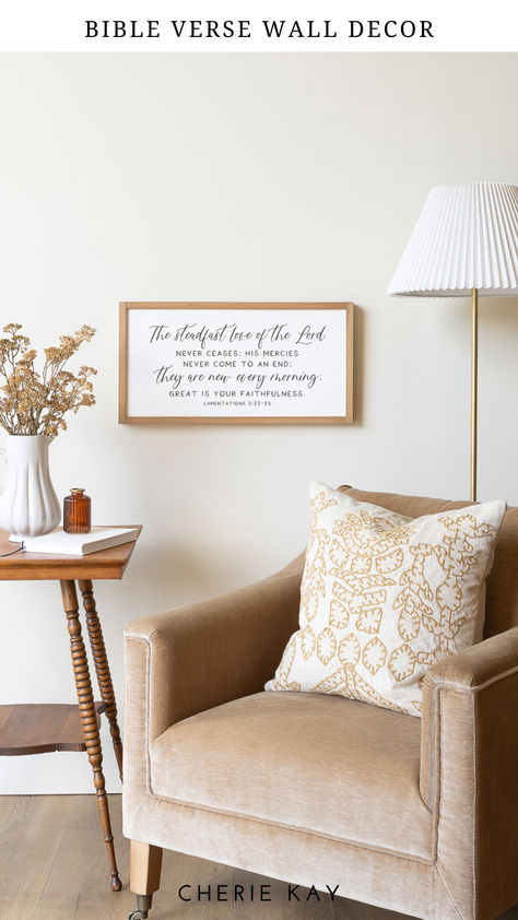 Framed Bible verse wall decor featuring Lamentations 3:22-23 with the text "The steadfast love of the Lord never ceases; His mercies never come to an end; they are new every morning." This Christian wall art has a natural wood frame and elegant script typography, perfect for adding inspirational home decor to a living room, bedroom, or entryway. Ideal for farmhouse-style decor or religious gift ideas. Wall Decor Farmhouse Style, Modern Traditional Design, Lamentations 3 22 23, Scripture Wall Decor, Great Is Your Faithfulness, Bible Verse Wall Decor, Bible Verse Signs, Scripture Signs, Christian Home Decor