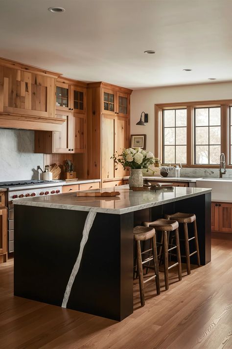 25 Stunning Black Kitchen Island Ideas That Scream Sophistication - HOME STYLE KING Modern Black Kitchen Island, Black Kitchen Island Ideas, Kitchen Island Oak, Black Kitchen Island Lighting, Kitchen Glam, Kitchen Island Designs, Modern Black Kitchen, Black Island, Black Kitchen Island