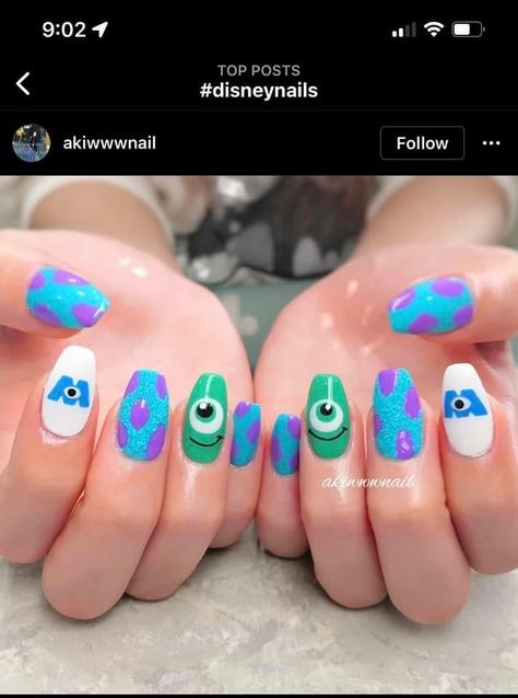 Monsters Ink Nails, Bluey Cartoon Nails, Mike Wazowski Nails, Monsters Inc Nail Art, Cartoon Nail Ideas, Monster University Nails, Pixar Nails, Monster Inc Nails, Kid Nails