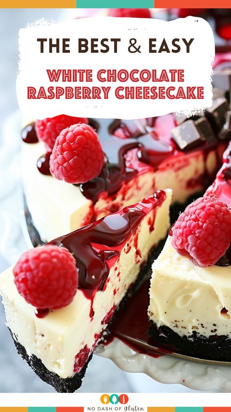 White Chocolate Raspberry Cheesecake Recipe Oreo Raspberry Cheesecake, White Chocolate Raspberry Cheesecake Recipes, Easy White Chocolate Raspberry Cheesecake, White Chocolate Raspberry Cheesecake, White Chocolate Shavings, Chocolate Raspberry Cheesecake, Oreo Crust, Melting White Chocolate, Raspberry Filling