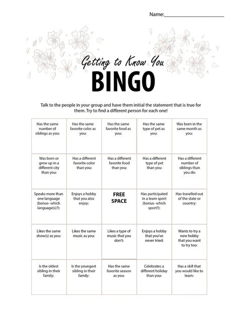 PRINTABLE Icebreaker Game Getting to Know You BINGO Floral | Etsy Icebreaker Bingo, Pen And Paper Games, Printable Party Games, Company Christmas Party, Five In A Row, First Day Of School Activities, Ice Breaker Games, Bingo Card, Paper Games