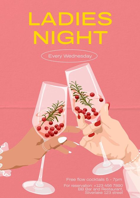 Ladies Night Poster, Ladies Night Flyer, Ladies Night Party, Ladies Event, Beverage Poster, Restaurant Social Media, Restaurant Poster, Poster Template Free, Night Bar