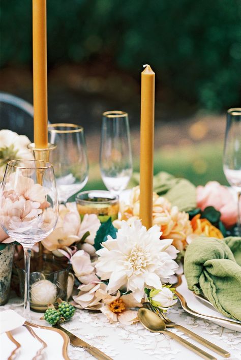 lush fall wedding inspiration in peaches and greens and pops of mustard Mustard Yellow Wedding, Witchy Wedding, Green Tablescape, Candle Lit Ceremony, Mustard Wedding, Massachusetts Wedding Venues, Olive Green Weddings, Wedding April, Fall Wedding Inspiration