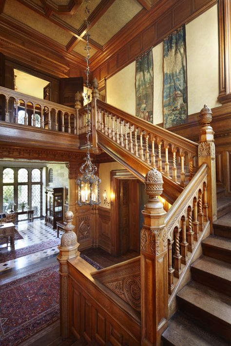 Grand Staircase in the Main Unit Grand Wooden Staircase, Grand Staircase Entrance, Mansion Staircase, English Mansions, Carved Staircase, Grand Staircases, Italianate Architecture, Chettinad House, Sophie Paterson Interiors