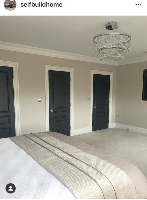 Black Bedroom Doors, Black Trim Interior, Hall Stairs, Gray Carpet, Trim Paint, Black Interior Doors, Basement Living, House Redesign, Basement Living Rooms