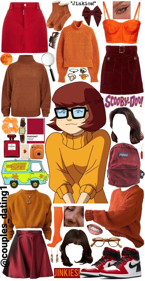 A collage of clothing and accessories used to create a Velma (Scooby Doo) DIY costume. Lots of orange and red. Group costume. Thelma Costume Halloween Scooby Doo, Aesthetic Scooby Doo Costume, Fred Inspired Outfit Scooby Doo, Velma Outfit Aesthetic, Halloween Costumes Scooby Doo Gang, Scooby Doo Dress Up, Thelma Scooby Doo Costume, Velma Costume Aesthetic, Mystery Inc Costumes