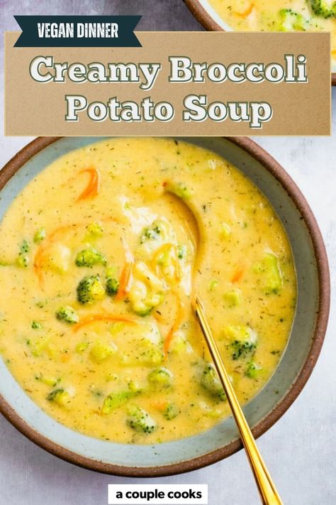 This broccoli potato soup is intensely creamy, satisfying, and 100% plant based! It's an easy healthy soup that everyone loves. #broccolisoup #creamybroccolisoup #veganbroccolisoup #plantbasedbroccolisoup #broccolirecipe #broccolipotatosoup #comfortfoodrecipe #comfortfood #broccolicheesesoup #plantbased #plantbasedrecipe #veganrecipe #wholefoodplantbased #wfpb Easy Healthy Soup, Broccoli Potato Soup, Broccoli Potato, Potato Broccoli, Best Fish Recipes, Creamy Broccoli Soup, Winter Salad Recipes, Salad Dressing Recipes Healthy, A Couple Cooks