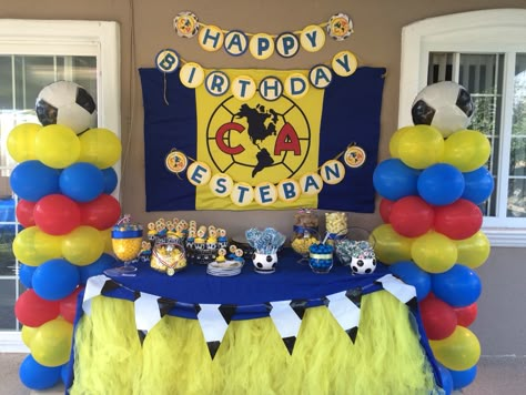 Birthday candy table America theme soccer boys birthday Club America Decorations, America Soccer Theme Party, Club America Birthday Party, Club America Cake, Birthday Candy Table, America Themed Party, Soccer Theme Parties, America Cake, America Theme