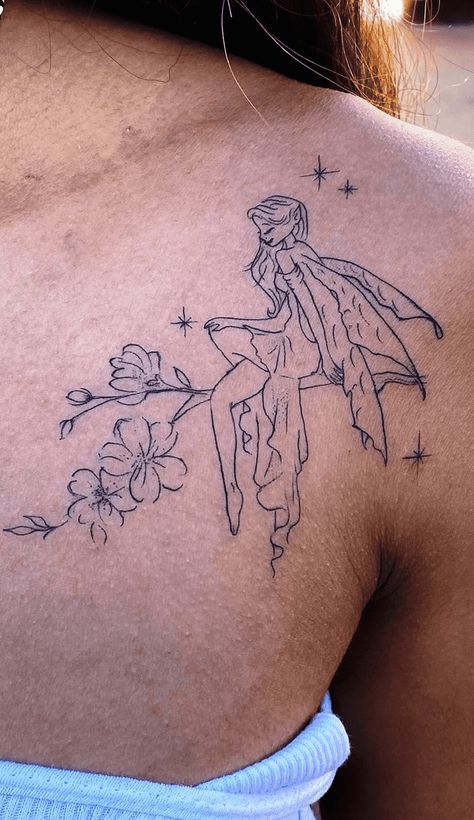 Fairy And Sun Tattoo, Fairy With Dress Tattoo, Disney Fairy Tattoo, Forest Fairy Tattoo Designs, Fairy Collar Bone Tattoo, Flying Fairy Tattoo, Fairy Star Tattoo, Pixie Fairy Tattoo Ideas, Fairy Shoulder Tattoo