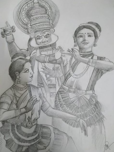 Pencil sketch on Kathakali and Mohiniyattam Mohiniyattam Drawing, Wedding Drawing, Dancing Drawings, Mandala Art Therapy, Cultural Activities, Mandala Design Art, Art Drawings Sketches Creative, Aari Work, Girl Sketch