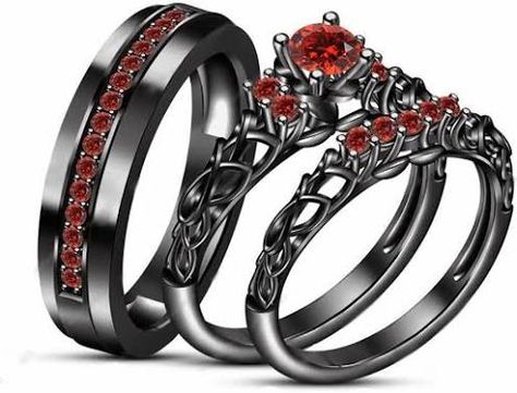 Trio Ring Set, Black Red Wedding, Gothic Wedding Rings, Gothic Engagement Ring, Trio Ring, Black Gold Jewelry, Mens Ring Sizes, Engagement Wedding Ring Sets, Band Engagement Ring