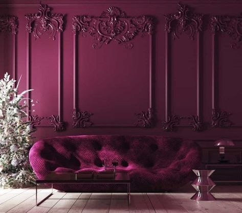 Plum Living Room, Plum Room, Burgundy Room, Plum Walls, Maroon Walls, Hot Pink Decor, Half Painted Walls, Burgundy Walls, Pink Furniture