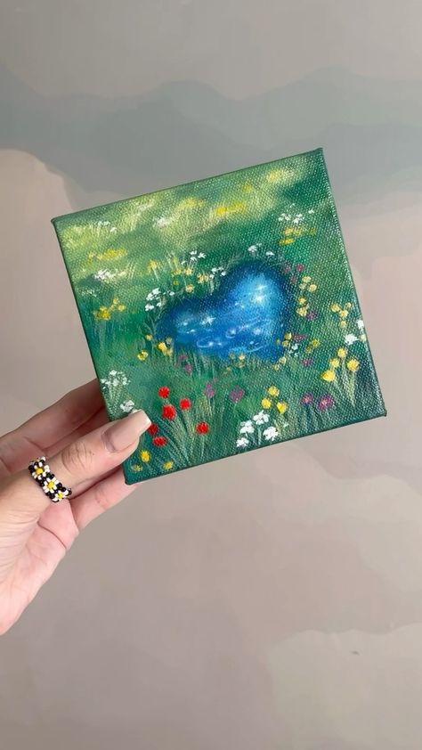 Cute Matching Paintings, Small Paintings Aesthetic, Pond Canvas Painting, Painting Ideas On Canvas Nature, Shelly Clouds, Pond Drawing, Cottagecore Painting, Stella Art, Nature Canvas Painting