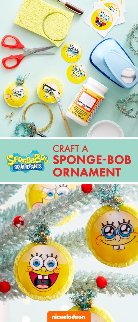 Deck the halls with boughs of SpongeBob ornaments! Craft these kid-friendly holiday ornaments made of actual sponge and printable SpongeBob face templates. It's the perfect pre-Christmas craft to do with the family. Spongebob Christmas Ornaments Diy, Spongebob Ornaments Diy, Spongebob Christmas Decorations, Spongebob Christmas Tree, Spongebob Crafts Diy, Spongebob Crafts For Kids, Spongebob Ornaments, Sponge Bob Christmas, Spongebob Template