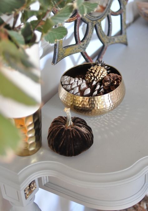 golden bowl of pinecones First Rain, Golden Bowl, Gold Bowl, Velvet Pumpkins, Deck The Halls, Pine Cones, Fall Season, The Fall, Decorative Bowls