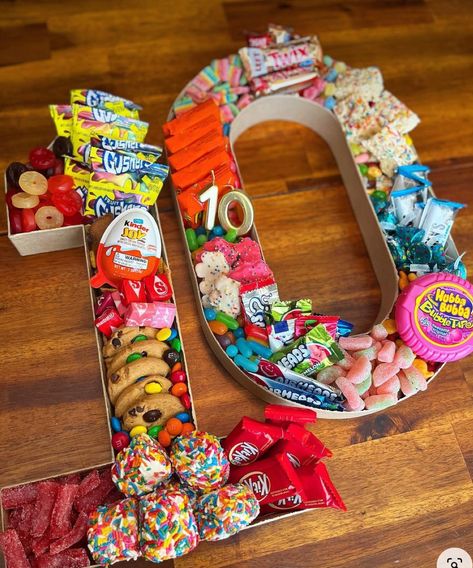 Candy Number Boxes, Diy Party Treats Birthday, Candy Charcuterie Board Ideas Birthday, Number Candy Charcuterie Board, Candy Charcuterie Letters, Hang Ten Birthday Party, Candy Charcuterie Board Birthday, 10th Bday Party Ideas, 13 Birthday Ideas