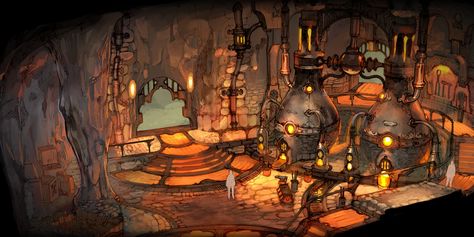 Fantasy Forge Art, Goblin Town, Fantasy Forge, Dwarven City, Dwarven Forge, Fantasy Factory, Goblin Art, Fantasy City, Fantasy Castle