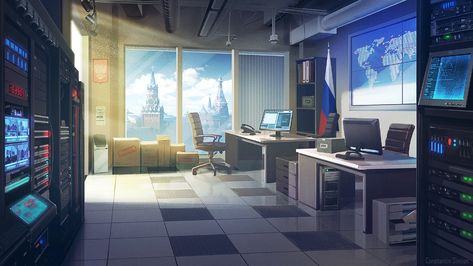 ArtStation - Moscow - Security office, Constantin Simion Landscape Anime, Anime Houses, Futuristic Office, Security Room, Security Office, Background Anime, Episode Backgrounds, Office Background, Sci Fi City