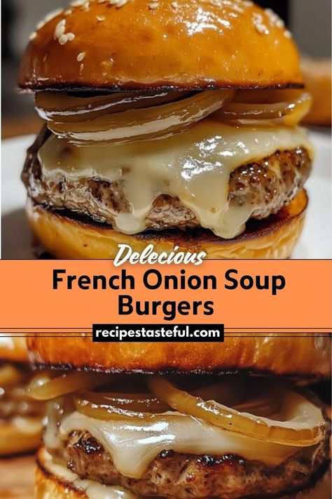 These French Onion Soup Burgers blend the savory flavors of caramelized onions with juicy beef patties and melted Gruyère cheese, all nestled in toasted brioche buns. The result is a gourmet burger that captures the essence of French onion soup in a delicious, handheld form. Onion Soup Burgers, Traditional Thanksgiving Recipes, Gourmet Burger, Easy Thanksgiving Recipes, Beef Patties, Crispy Fry, Healthy Thanksgiving, Gourmet Burgers, Beef Patty