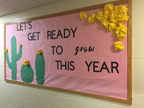 Welcome Bulletin Boards College, Cactus Bulletin Board Ideas, Ra Welcome Bulletin Boards, Preschool Welcome Board, Plant Bulletin Board, Desert Classroom, Ra Activities, Dorm Plants, Student Work Bulletin Board