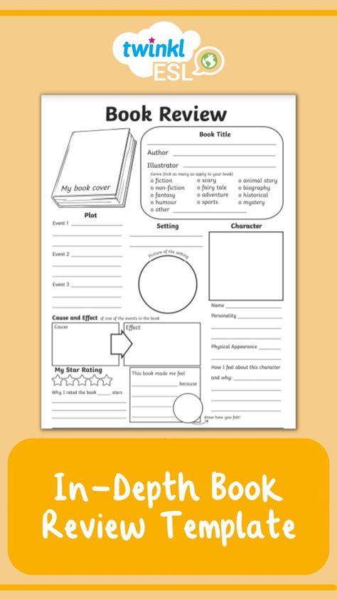 In-depth book review template to help ESL students with their reading comprehension skills. Creative Book Report, Review Writing, Writing A Book Review, Book Review Journal, Book Review Template, Review Template, Writing Template, Class Activity, Writing Blog