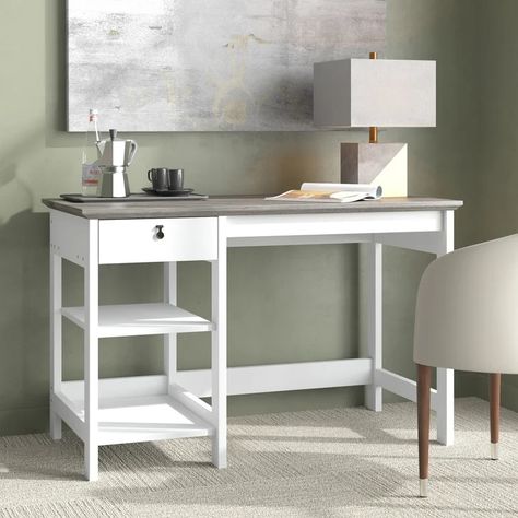 Saint Birch Desk & Reviews | Wayfair Living Room Nook, White Writing Desk, Workspace Essentials, Small Workspace, White Desks, Stationery Organization, Farmhouse Charm, Grey Oak, Office Furniture Desk