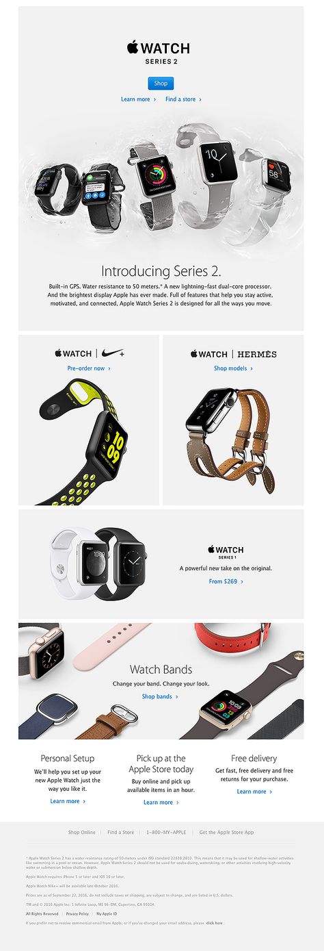 Apple Watch Series 2 is here - Really Good Emails Apple Advertising, Hermes Watch, Email Template Design, Email Design Inspiration, Apple Watch Series 2, Apple New, Newsletter Design, Best Email, Web Layout