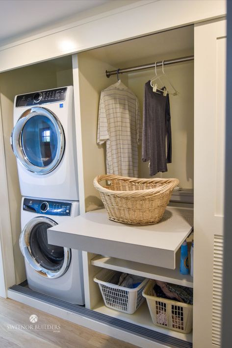 An efficient little hallway laundry station that can be discretely tucked behind sliding doors was the perfect design solution in our recent renovation of a small beach house where the laundry appliances were (EEK) in the garage! Hidden Hallway Laundry, Upstairs Laundry Closet, Small Hallway Laundry Closet, Hallway Laundry Closet Stacked, Hallway Laundry Closet Ideas, Primary Closet With Laundry, Laundry Behind Sliding Doors, Hallway Laundry Closet, Dryer Cupboard