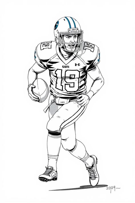 Check Out This Monoline Football Player Drawing & 12+ Other Football Drawing Ideas! #drawinginspiration #drawing Sports Sketches Drawings, Football Drawings, Football Player Drawing, Sea Turtle Drawing, Helmet Drawing, Black And White Football, Football Drawing, Football Trophies, Conservation Art