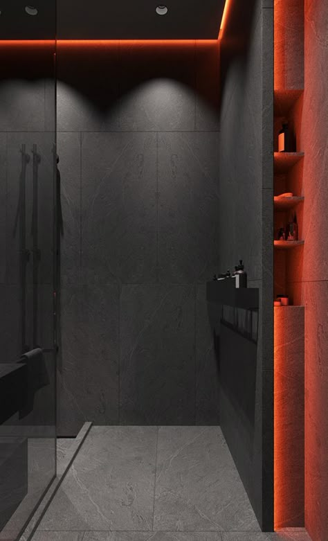 Light In Bathroom, Toilet Designs, Man Bathroom, Dark Interior Design, Vibrant Bathroom, Bathroom Cabinets Designs, Wc Design, Neon Room, Bathroom Decor Luxury